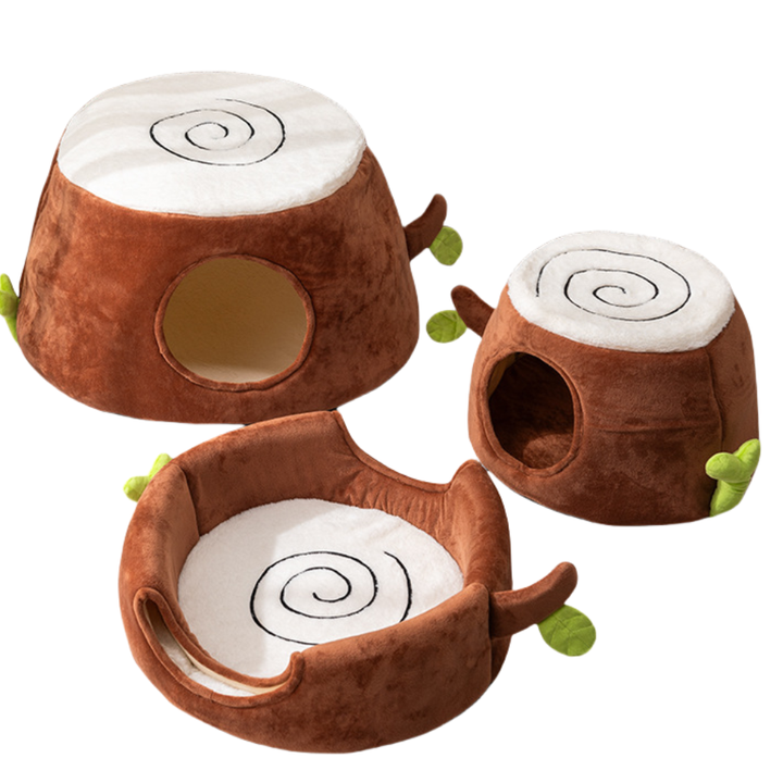 NNEDSZ S Convertible Tree Stump Cat Bed - Foldable, Dual-Use, Four-Season Pet Nest with Double Doors-0